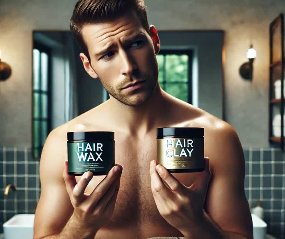 A man undecided about using Hair Wax or Hair Clay